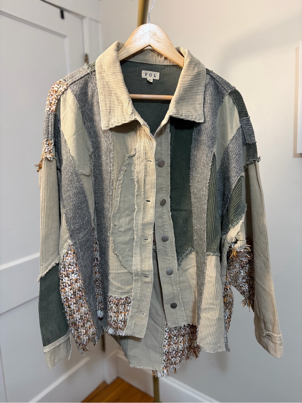 POL Mixed-Media Patchwork Corduroy Jacket in Olive & Beige